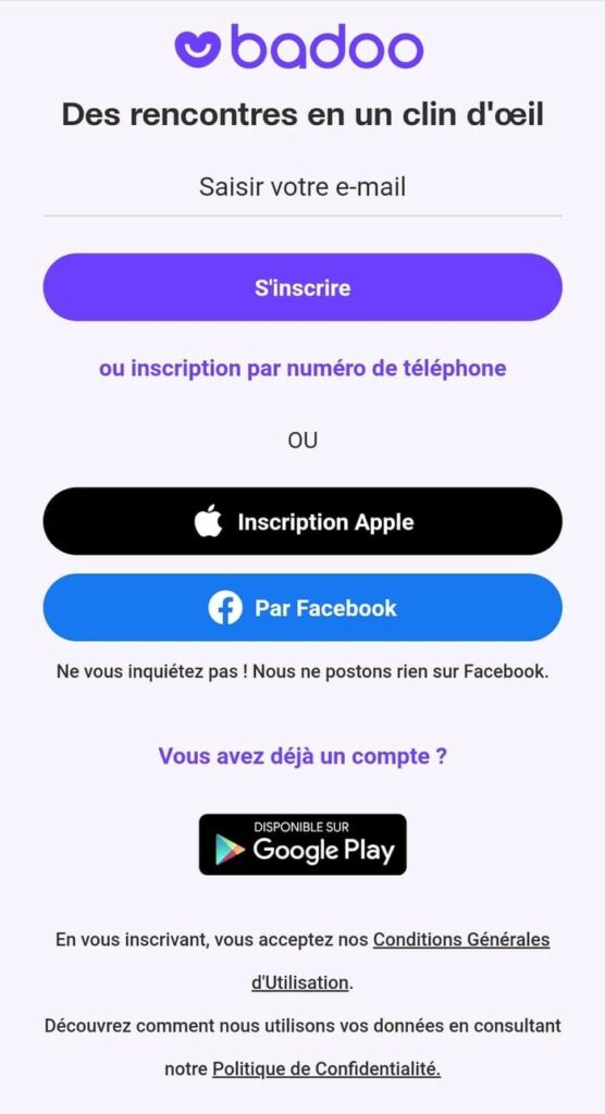 formulaire inscription badoo